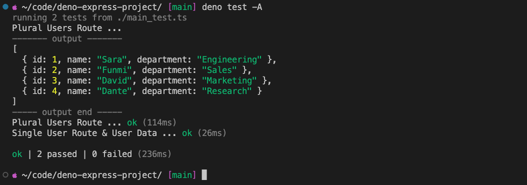 Deno test, "deno test -A output"