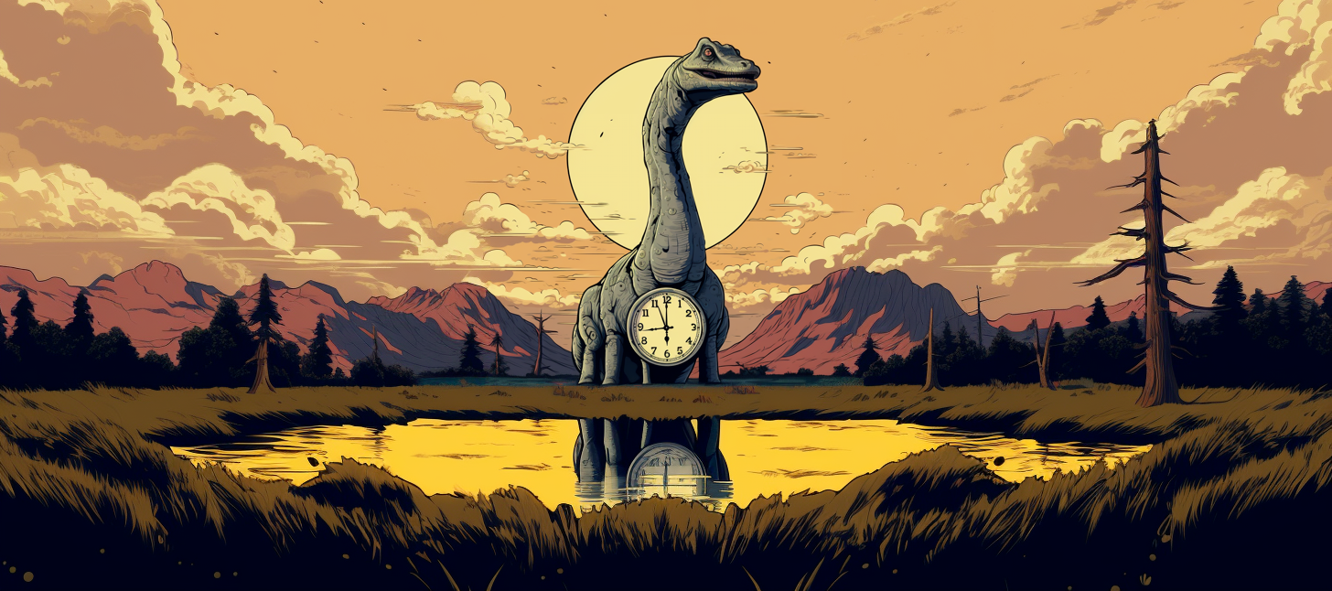 A dinosaur with a clock around its neck.