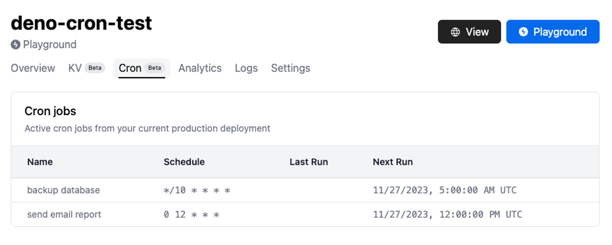 The new Cron tab in your project settings will show your scheduled jobs detected by Deno Deploy.
