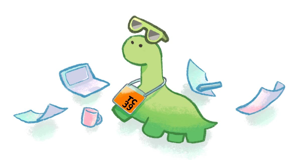 An illustration of the Deno dinosaur wearing a TC39 badge