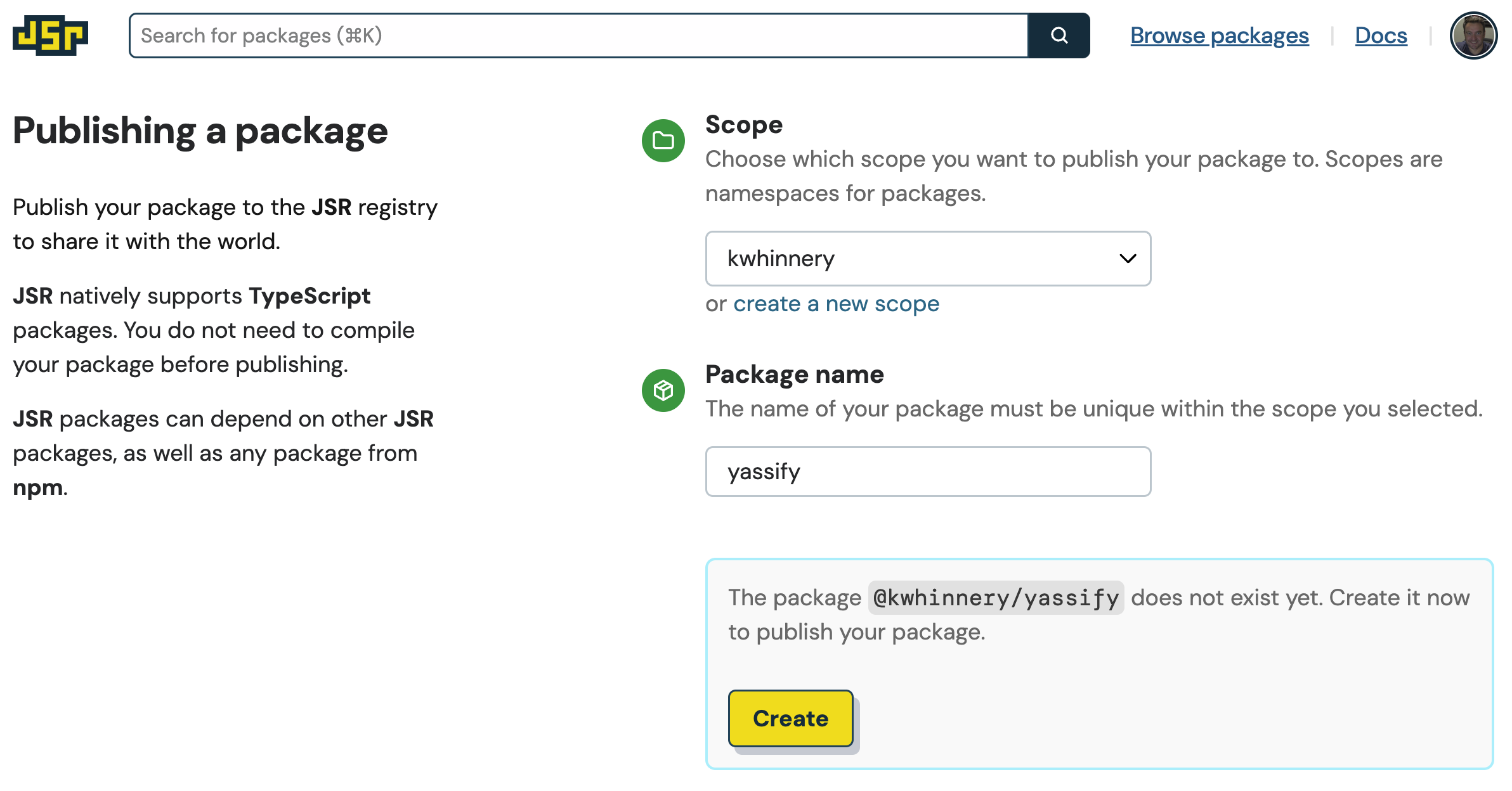 create scope and package on jsr