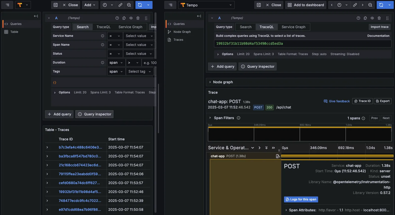 Seeing Node traces in Tempo and Grafana