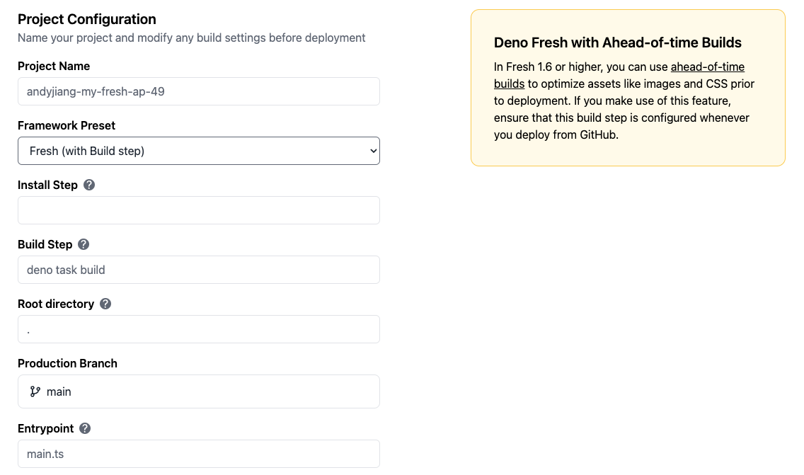 Selecting the preset of Fresh with Build step.