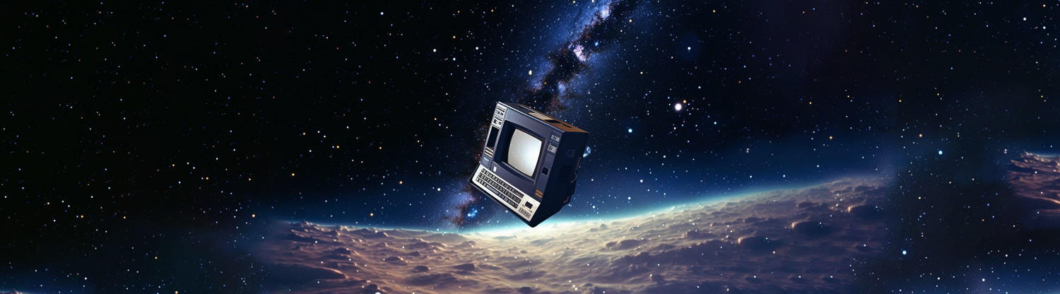 An old fashioned personal computer floating in space.
