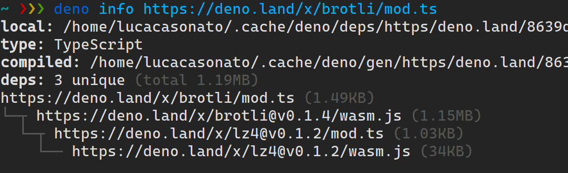 a screenshot of running `deno info https://deno.land/x/brotli/mod.ts`, which prints the a module graph for the `https://deno.land/x/brotli/mod.ts` module
