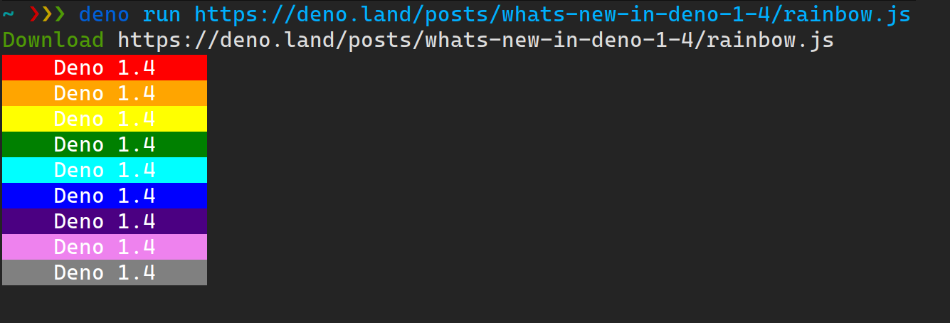 a screenshot of running `deno run https://deno.com/blo/blogg/v1.4/rainbow.js`, which prints a rainbow with Deno 1.4 written on it to the console