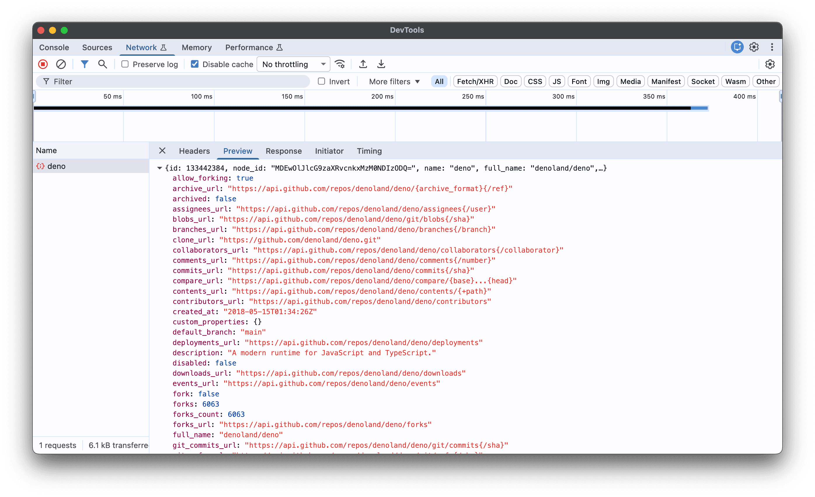 DevTools Network tab showing a `fetch()` request to api.github.com with the JSON response previewed inline.