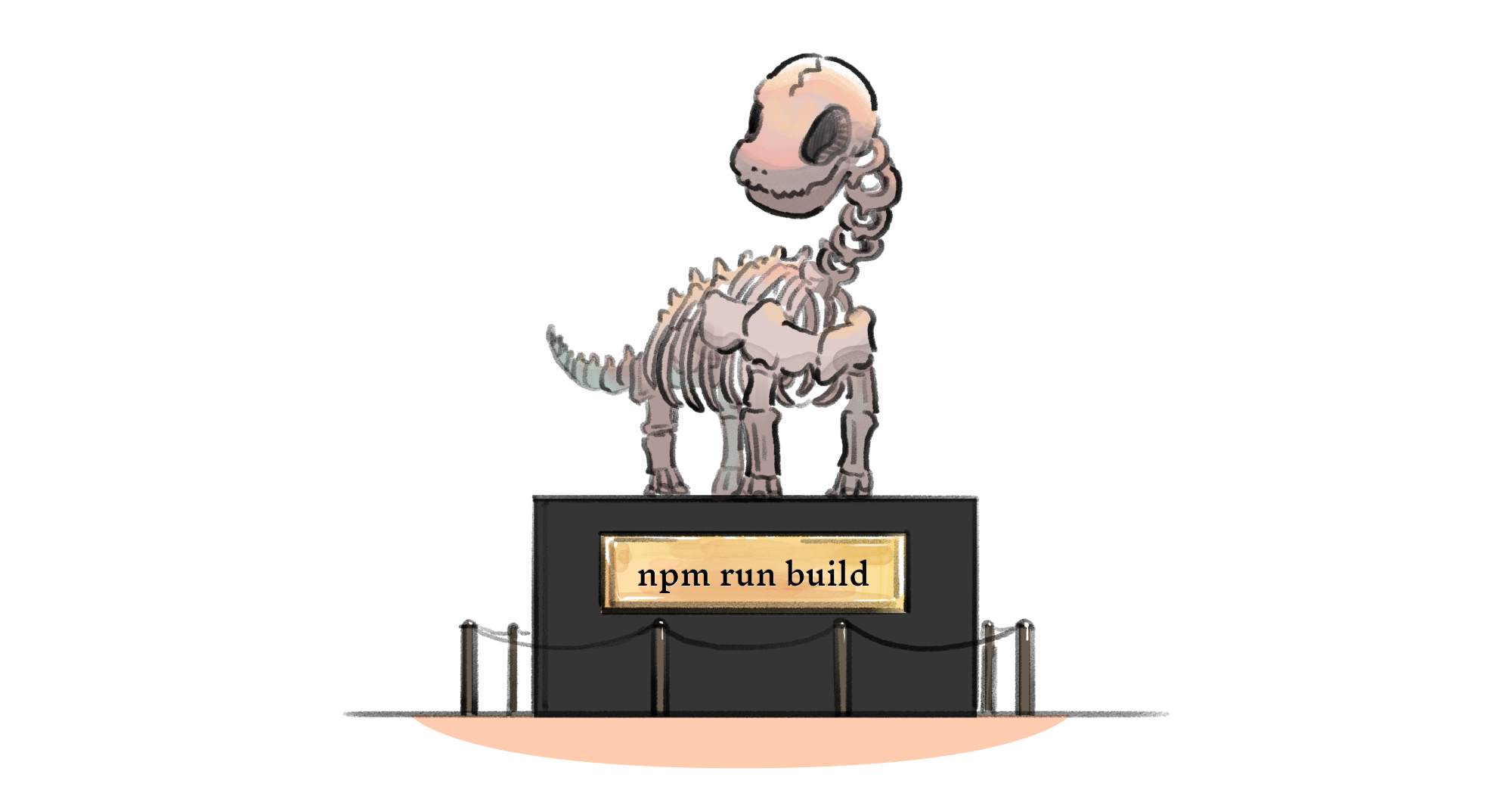 A fossililzed dinosaur skeleton in a museum with a plaque that reads 'npm run build'.