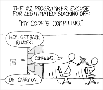 XKCD comic where the developers are playing with swords since their code is compiling.