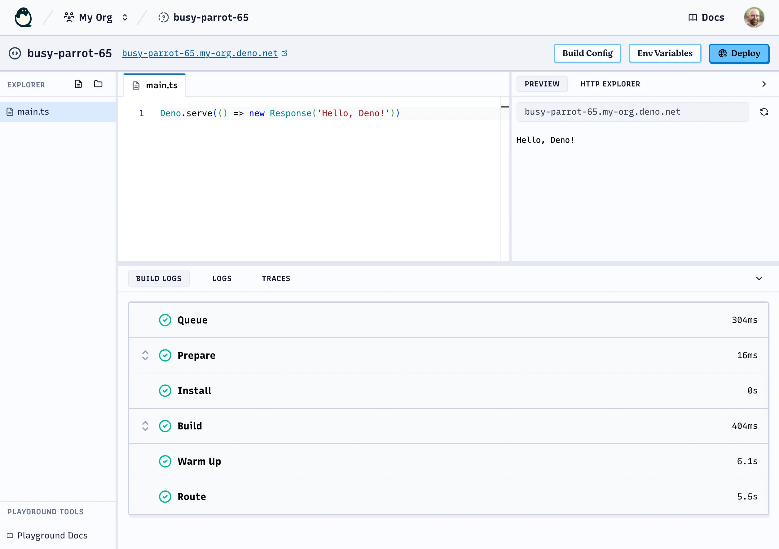 Deno Deploy playground, with file list, code editor, live preview, and build steps to allow you to deploy projects quickly and easily. Options for build config and env variables are also present.