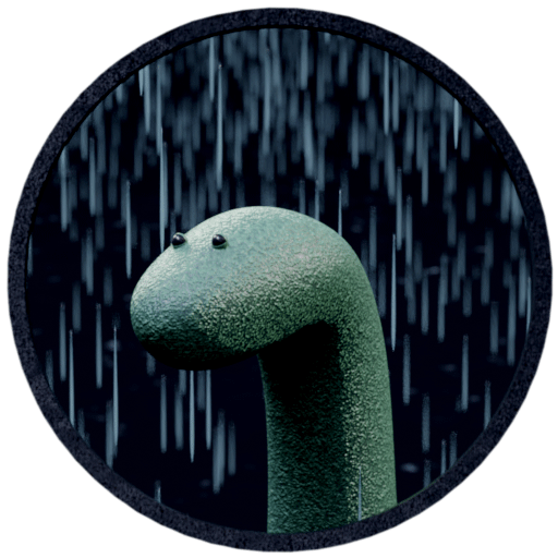 a animated, green 3d deno mascot standing in the rain