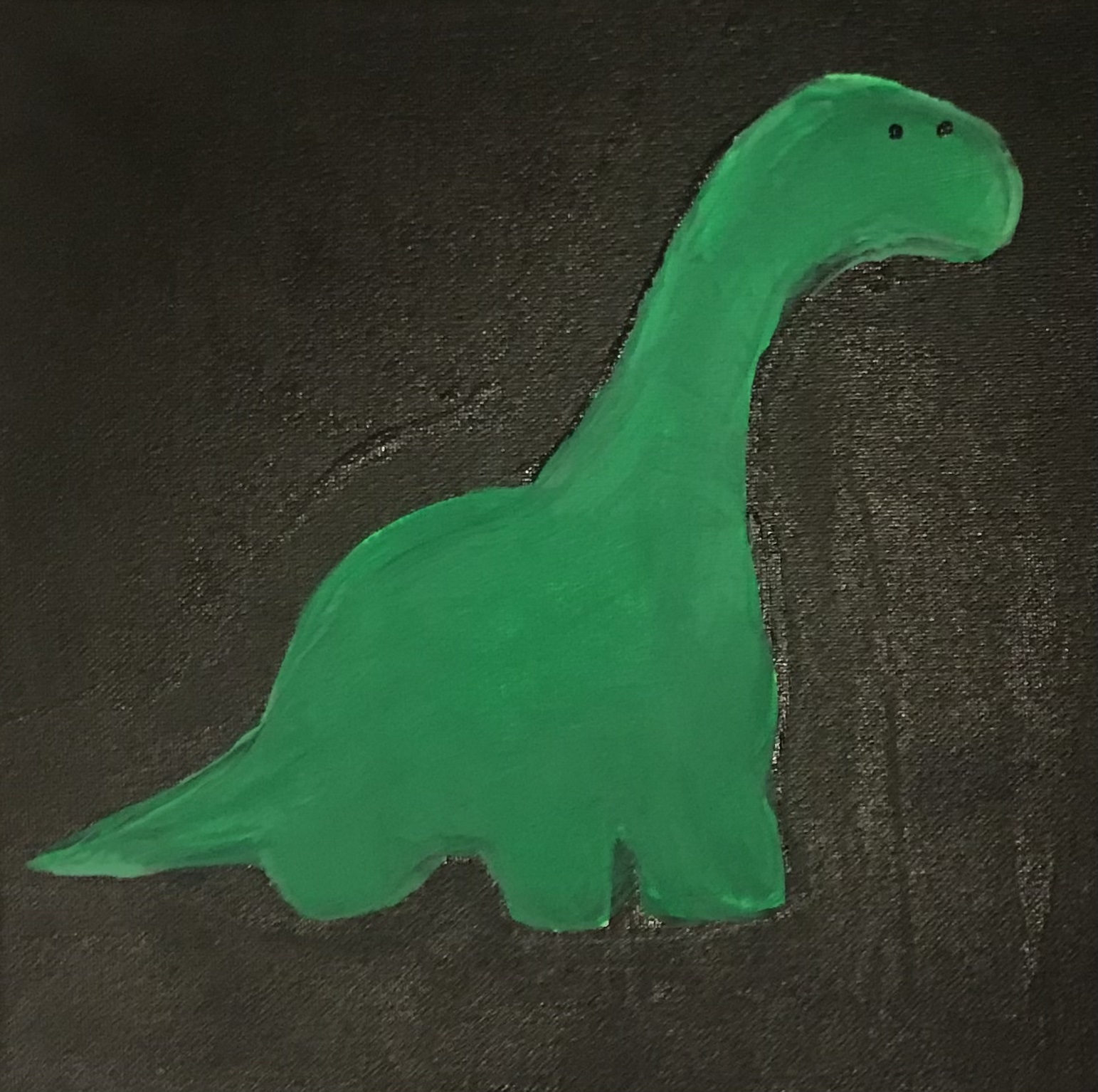 A green Deno on a black background in acrylic paint.
