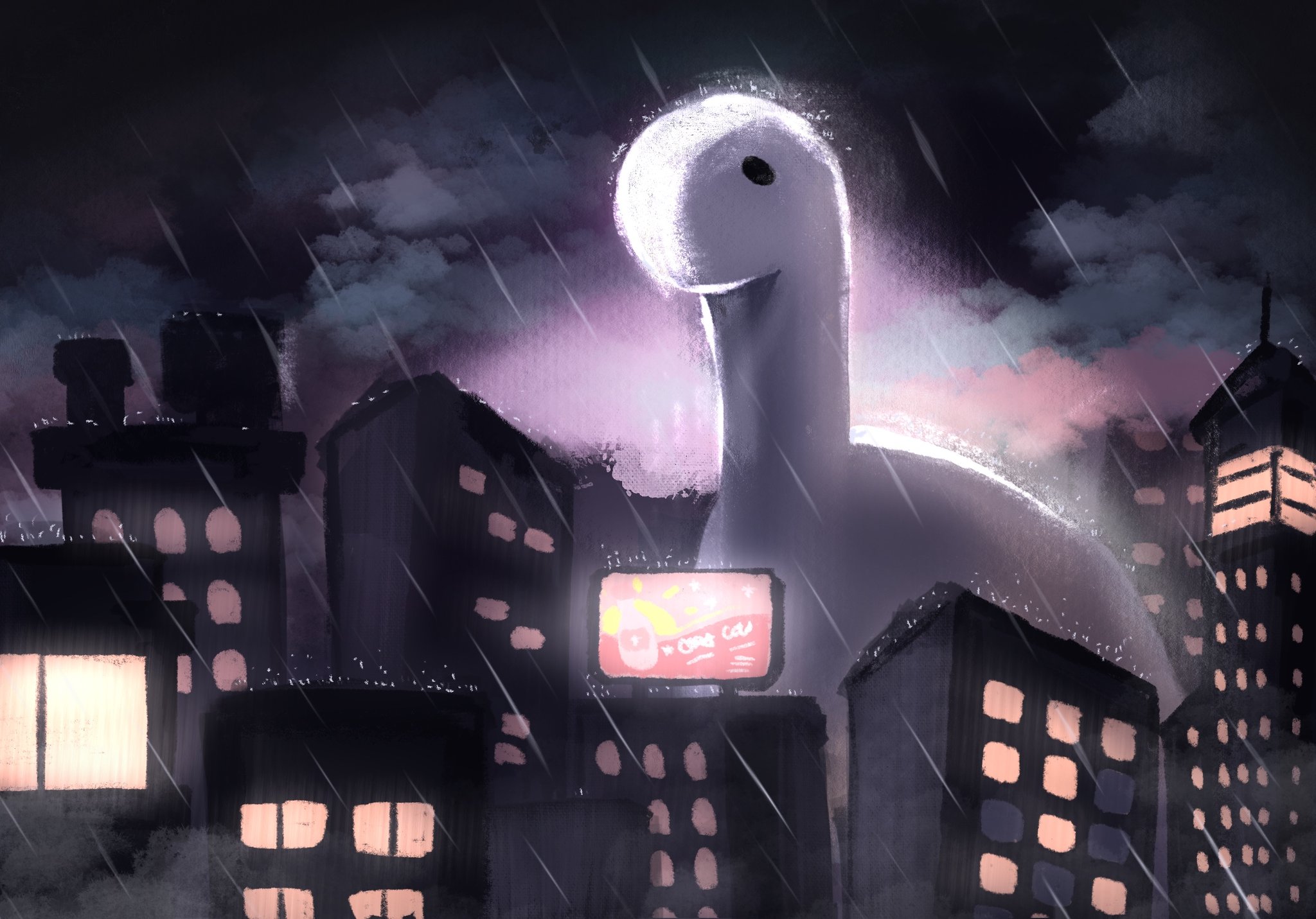 the deno mascot standing between a some tall lit up buildings at night