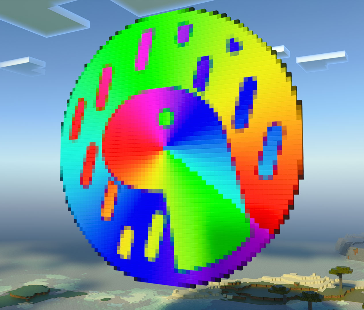 Colorful Deno logo made in Minecraft
