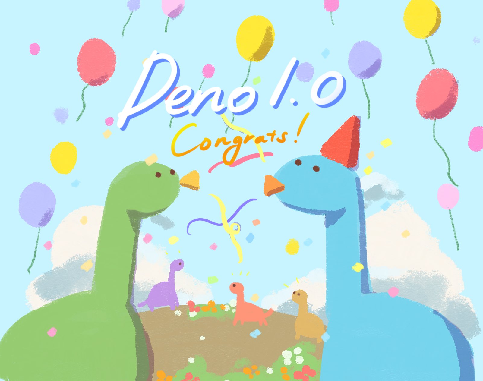 a drawing with two large deno mascots in the front and smaller ones behind, standing on brown ground in front of a blue sky. above them text reads: deno 1.0 congrats!