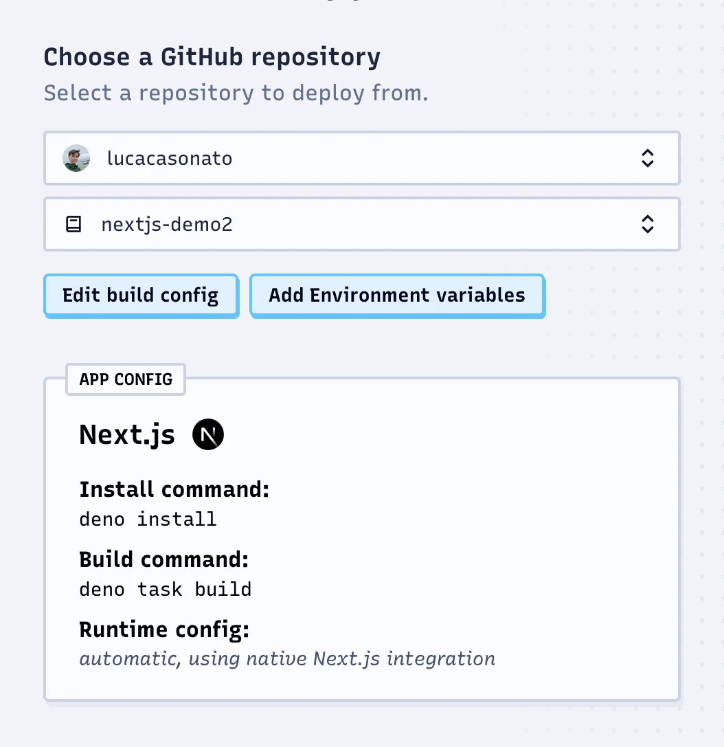 Creating a new Deno Deploy app from GitHub; select your user, repo, and permissions.