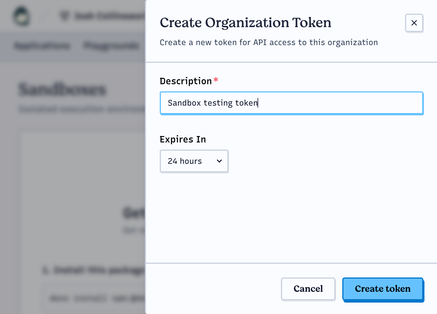 Creating an access token for the Sandboxes API via the Deno Deploy dashboard. There's a field for the token description, and its expiration (currently set to the default 24 hours).